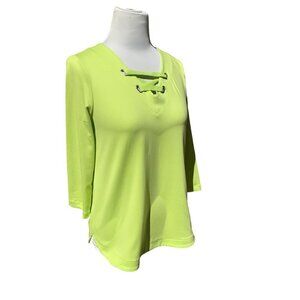 RUBY RD PETITE LADIES SOLID LIME GREEN VNECK TOP TUNIC BLOUSE TEE TSHIRT SP